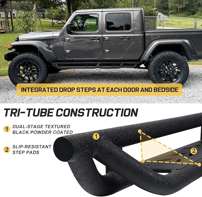Wheel to Wheel Running Boards Compatible with 2020-2025 Jeep Gladiator Jt 4 Door, Bed Access Nerf Bars, Side Steps Made with Carbon Steel, Drop-Down Steps.