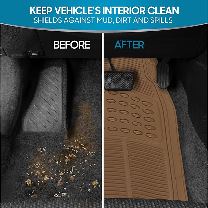 BDK ProLiner Floor Mats for Cars Trucks SUV, 3-Piece All-Weather Car Mats with Universal Fit Design, Durable Car Floor Mats with Capture Ridges, Waterproof Rubber Floor Mats for Cars (Beige)