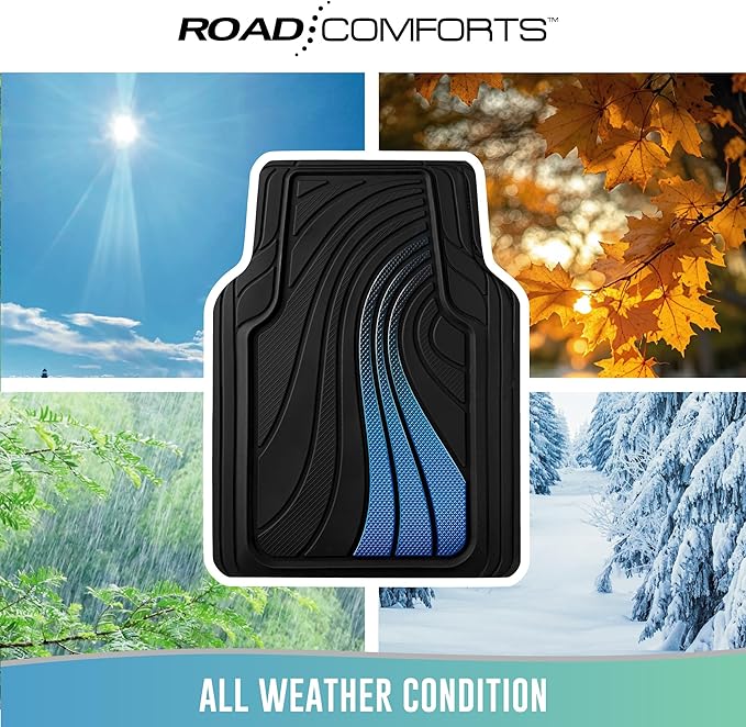 Road Comforts Car Floor Mats Full Set – Front & Rear Car Floor Mats with Aluminum Design, Anti-Slip Backing, All-Weather Protection, Trim-to-Fit Car Mats for Most Sedans, SUVs & Vans - - Blue