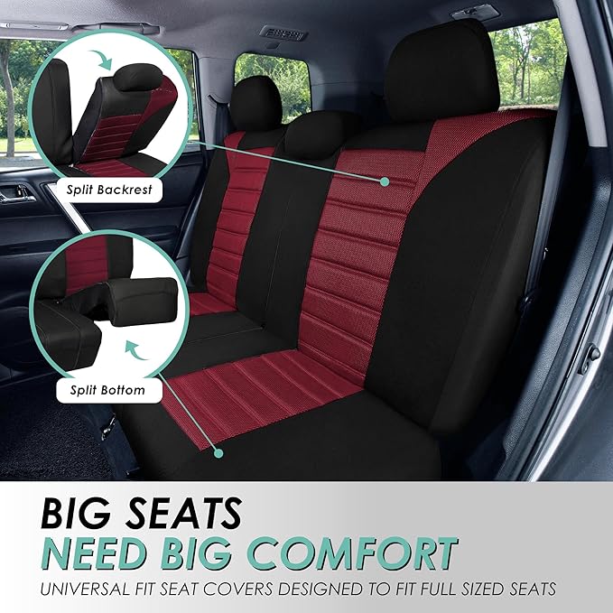 FH Group Automotive Car Seat Covers Full Set Premium 3D Air Mesh Front Seat Covers, Airbag Compatible & Split Bench Cover Universal Fit Interior Accessories for Cars Trucks and SUVs - Burgundy