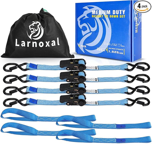 Ratchet Straps 4 Pack - 1,826 Lbs Break Strength 1 in x 15 Ft Medium Duty Ratchet Tie Down Straps with S Hooks Set for Truck, Cargo Van, Trailer, Motorcycle (Blue)