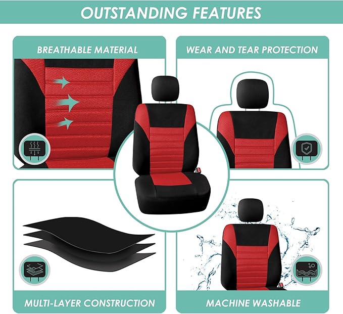 FH Group Automotive Car Seat Covers Full Set Premium 3D Air Mesh Front Seat Covers, Airbag Compatible & Split Bench Cover Universal Fit Interior Accessories for Cars Trucks and SUVs - Red