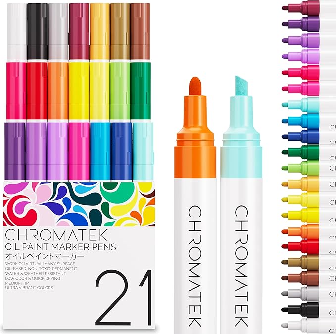 CHROMATEK Dual Tip Oil Based Paint Markers - 21 Colors Permanent Paint Pens for Rock Painting, Canvas, Glass, Wood, Stone & DIY Art Supplies - Quick Drying Waterproof Pen with Video Tutorials & Ebook