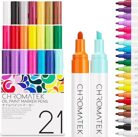 CHROMATEK Dual Tip Oil Based Paint Markers - 21 Colors Permanent Paint Pens for Rock Painting, Canvas, Glass, Wood, Stone & DIY Art Supplies - Quick Drying Waterproof Pen with Video Tutorials & Ebook