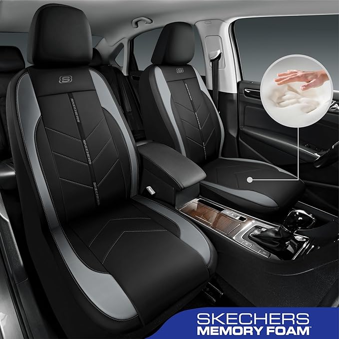 Skechers Car Seat Covers,Luxury Faux Leather Seat Covers,Waterproof Anti Slip Car Seat Protector Front Seats,Car Accessories Airbag Universal Fit for Most Cars,Vans,Trucks,SUV,Grey