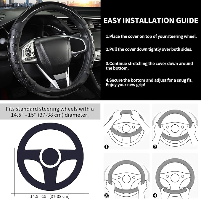 Leather Car Steering Wheel Cover with Anti-Slip Grip, for Women and Men, Universal Fit for 14.5-15 Inch Cars, Trucks, SUVs (Black (Round), Medium(Standard) Size[14 1/2''-15''])