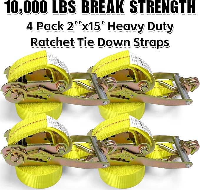 KJE Ratchet Straps Heavy Duty(4 Pack), 2" x 15' Ratchet Strap 10,000 Lbs Max Break Strength, Tie Down Ratcheting with J-Hook, Cargo Straps for Truck, Trailer, Moving Appliances