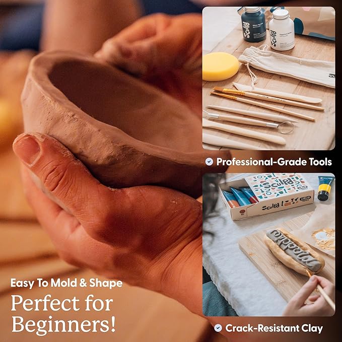 Sculpd - The Original Pottery Kit - Complete Air Dry Clay Kit for Adults Includes Sculpting Tools, Varnish, Paint Brushes, Guides, Arts & Crafts Sets, Gloss Varnish with Classic Tones