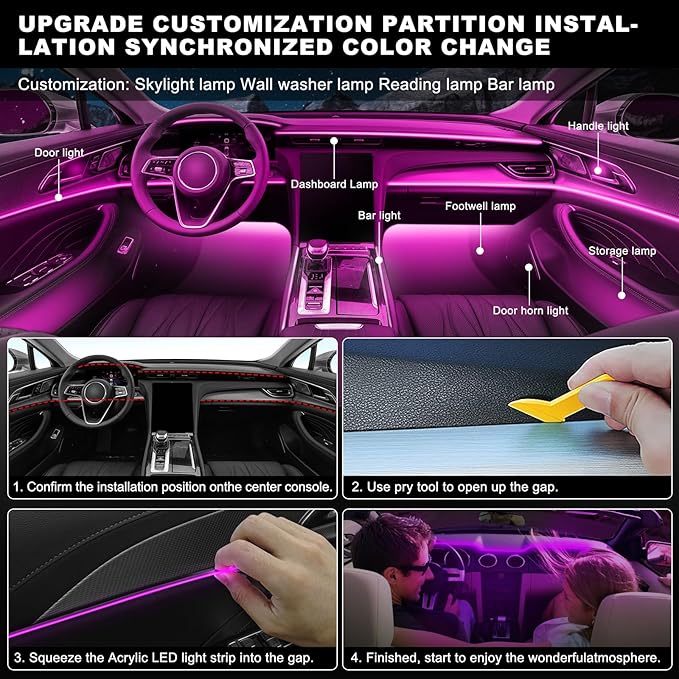 Acrylic Interior Car LED Strip Light with Wireless APP, Car Accessories 18 in 1 with 175 inches 593 LEDs Fiber Optic Ambient Lighting Kits, RGB Dynamic Music Sync Neon LED Strip Light for Car