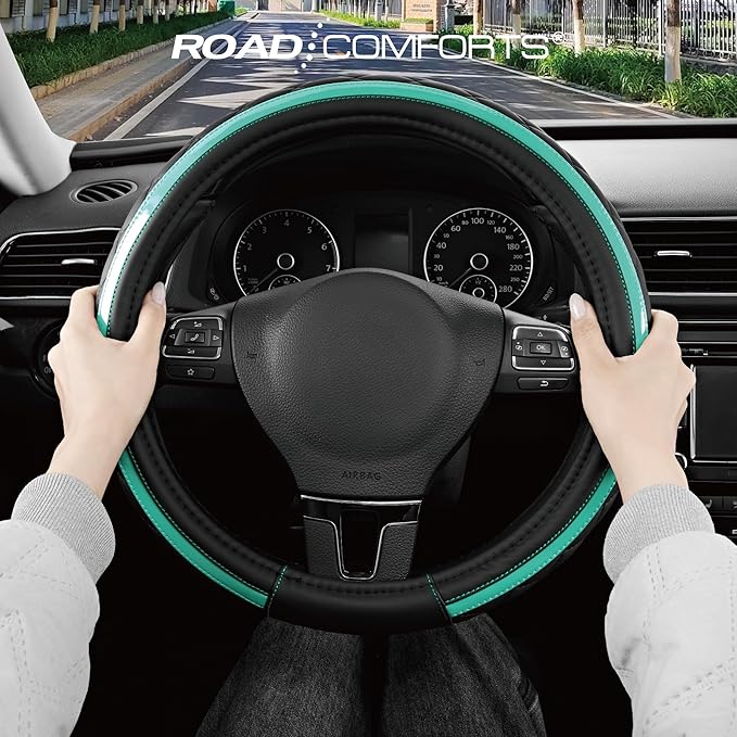 Road Comforts Leather Steering Wheel Cover – Black & Green Universal Fit 14.5-15 Inch, Microfiber Leather, Anti-Slip & Breathable Design for Men and Women
