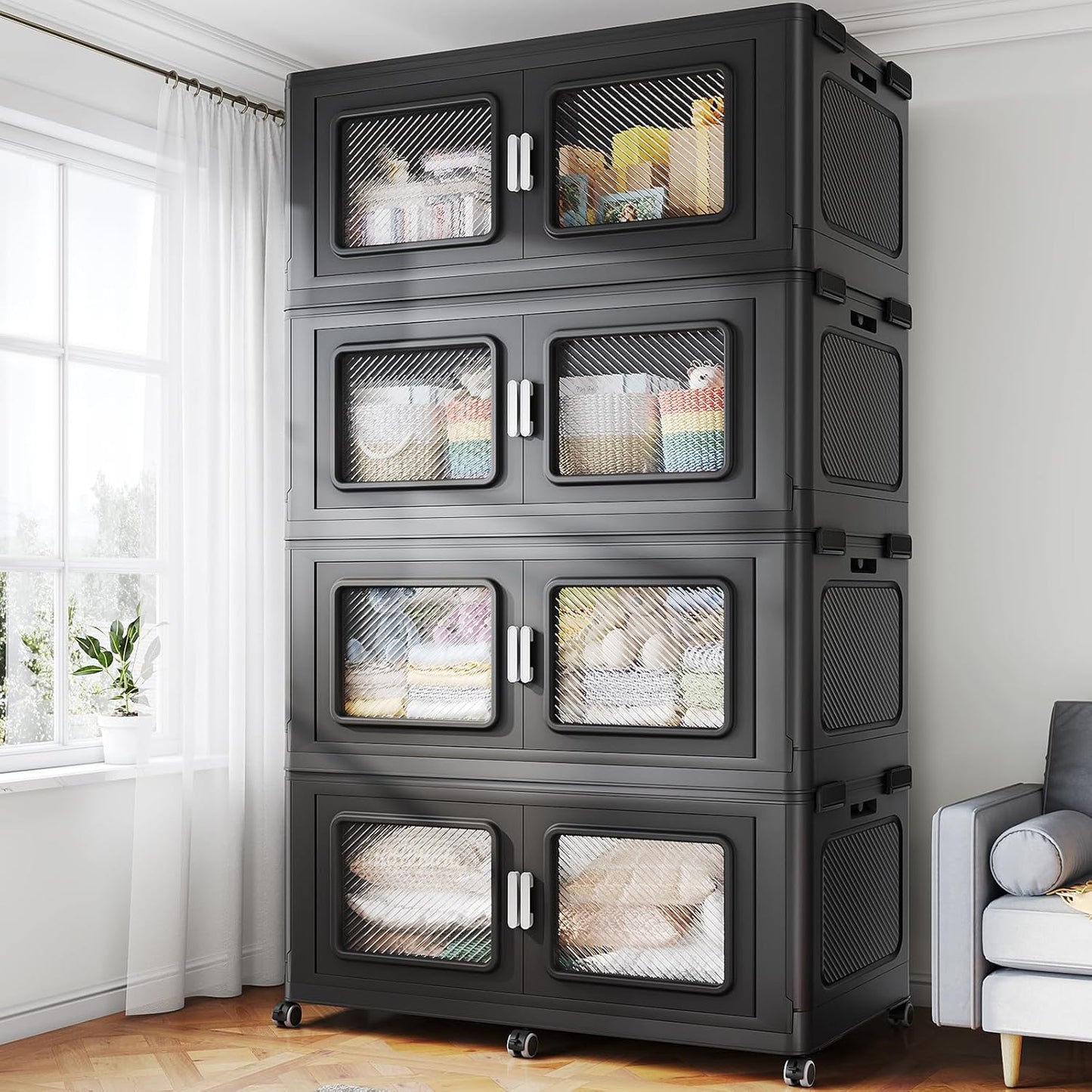 1200 Qt Stackable Storage Bin with Lid, 300Gal Extra Large Collapsible Storage Boxes, Folding Plastic Drawer, Heavy-Duty Store Cabinet, Closet Organizer for Home Kitchen, 4 Pack Black