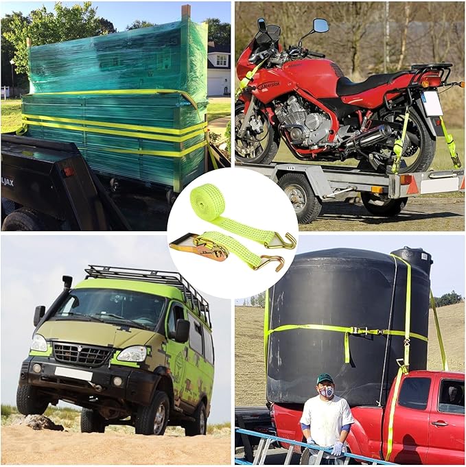 4 Pack 2 Inch Ratchet Straps Heavy Duty 20ft Tie Down Straps Ratchet with Double J Hook, 8000 LBS Break Strength, Cargo Ratchet Straps for Moving, Truck, Trailers, Motorcycles, Kayaks, Car Roof