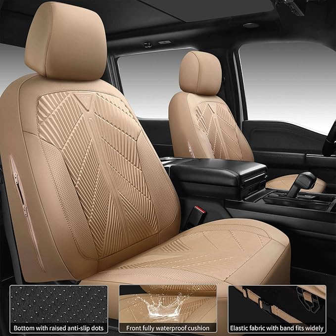CAR PASS Waterproof Car seat Covers Full Sets Neoprene Wetsuit, All-Weather Non-Slip Durable, Universal Fit for SUV Sedans Trucks Vans Automotive, Armrest Airbag Compatible, 3D Emboss All Beige