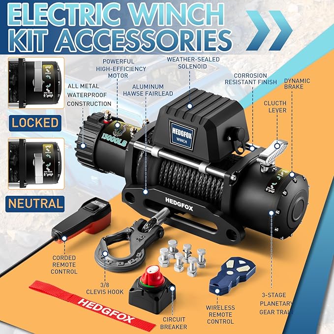 12V 13000lb Winch Synthetic Rope Electric Power Winch Waterproof IP66 with Wireless Remote and Handheld Corded Switch for Truck SUV Pickup Trailer Offroad Recovery Equipment