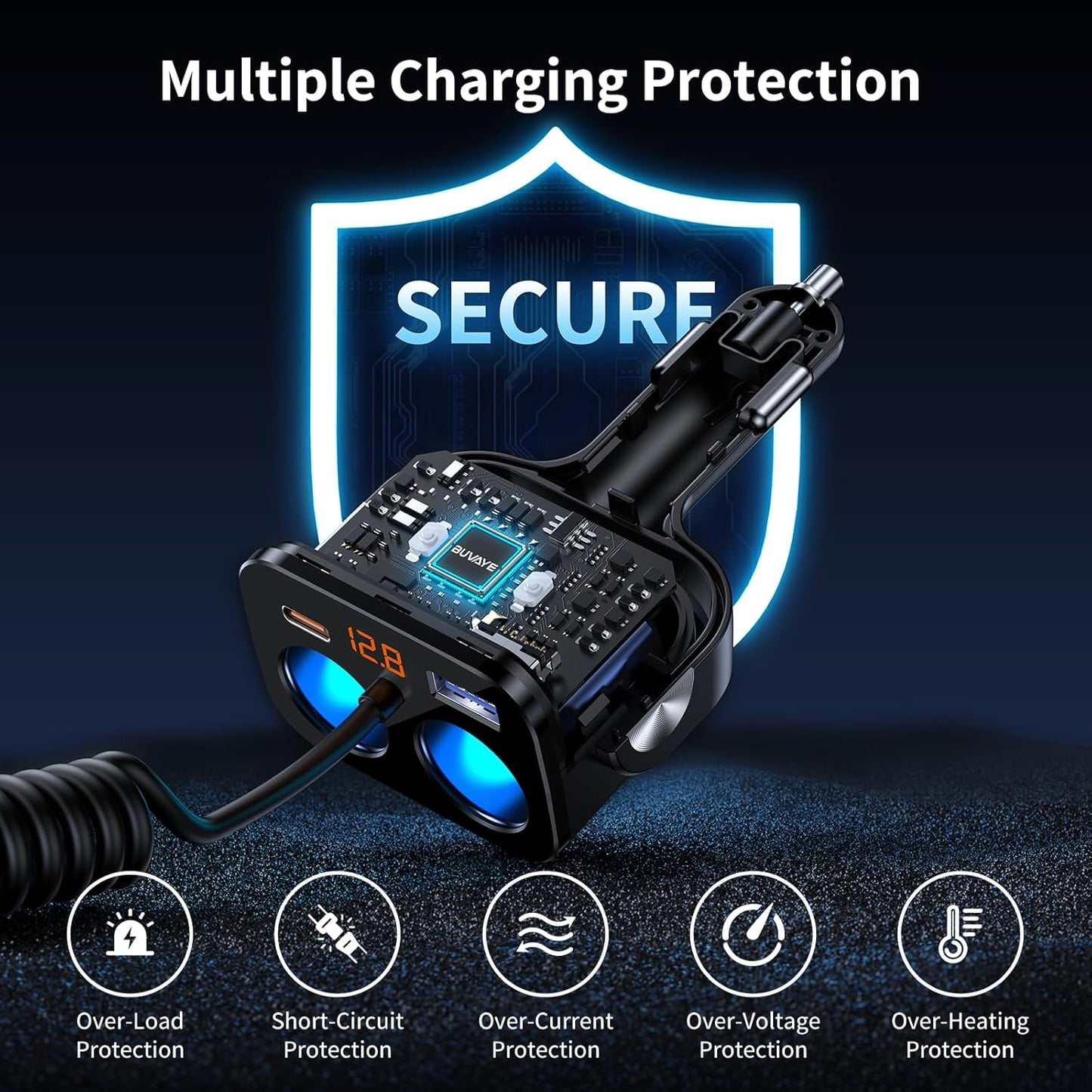 5 in 1 Cigarette Lighter Splitter with 5ft Coiled Cable, 2-Socket Cigarette Lighter Adapter, Dual Car Charger Splitter, 12V/24V Splitter for iPhone/iPad//GPS/Dash Cam/Laptop