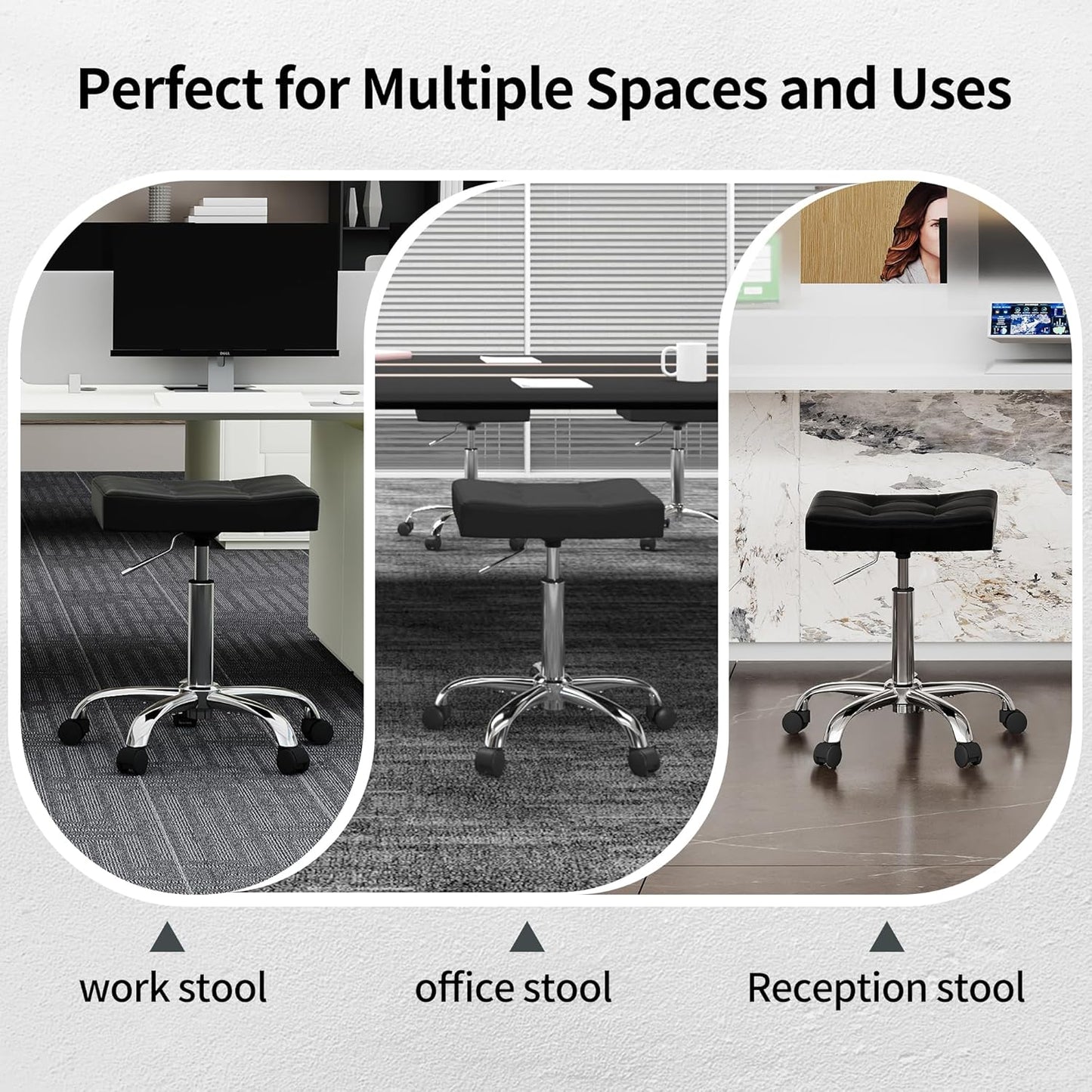 Office Stool with Wheels (300lbs Capacity) (Adjustable Height 17-21 inch) Black Faux Leather Workbench Stool (Black)