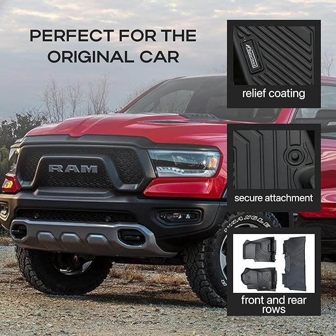 Custom Fit Floor Mats for Dodge Ram 1500 2019–2025 Crew Cab – Heavy Duty 2-Row All-Weather TPE Car Mats Full Set, Waterproof, Odorless, Non-Slip, Easy to Clean, Durable Automotive Floor Liners