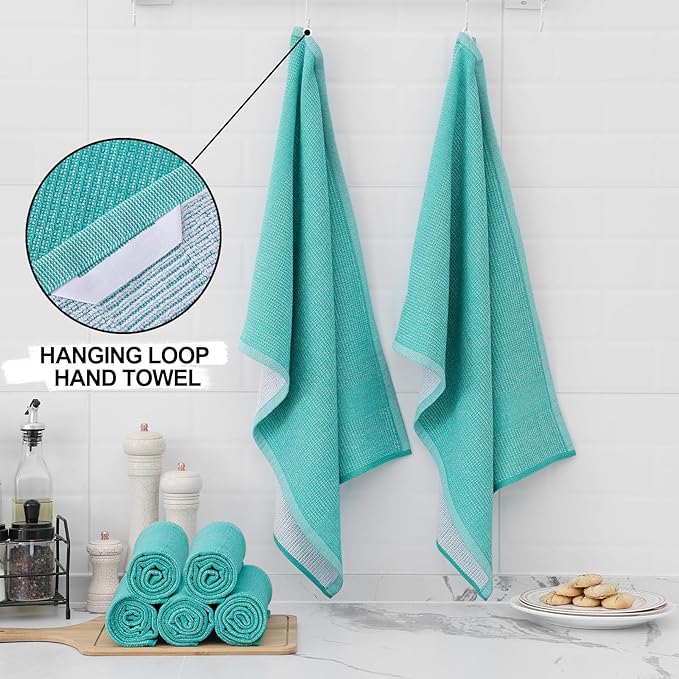 Homaxy Premium Kitchen Towels(18”x 28”, 12 Pack), Large Cotton Kitchen Hand Towels, Flat and Terry Dish Towels, 380 GSM Highly Absorbent Tea Towel Set with Hanging Loop, Teal