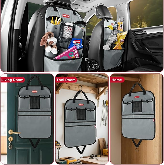 Rubbermaid Backseat Car Organizer, Kick Mats and Seat Back Protector, Car Organizer for Kids with 6 Storage Pockets, Travel Essentials for SUV, Truck, Car - 2 packs Gray