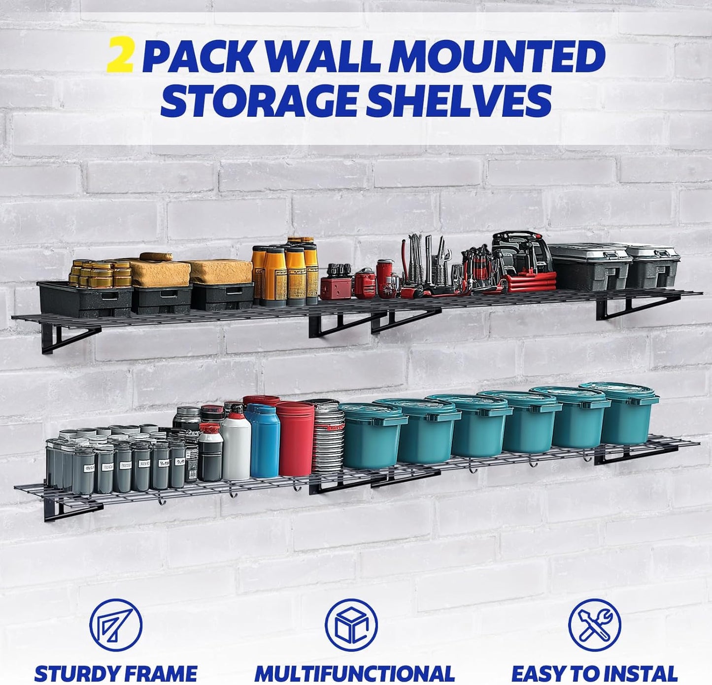 FAHKNS 2 x 6 ft Garage Wall Shelving, 2-Pack Garage Shelving Wall Mounted, 1200LBS Capacity Heavy Duty Metal Wire Shelves, Floating Long Shelf for Carport Shed Kitchen, Black