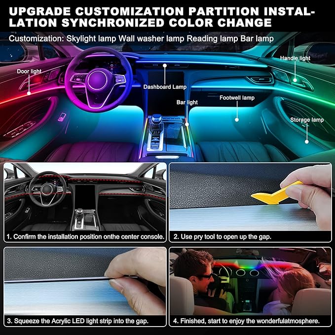 Dreamcolor Acrylic Interior Car LED Strip Light with Wireless APP, RGB 18 in 1 with 175 inches 593 LEDs Fiber Optic Ambient Lighting Kits, 16 Million Colors Sound Active Function Car Neon Lights