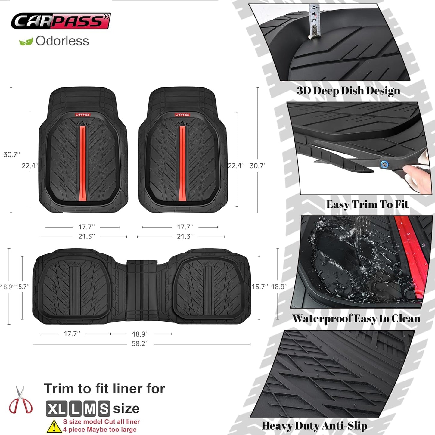 CAR PASS Tire Tread DeepDish Rubber Floor Mats for car Heavy Duty car mats All Weather, Universal XL~M Trim to Fit for Truck SUV Vehicle Automotive, Waterproof car mats 3 Piece (red Black)