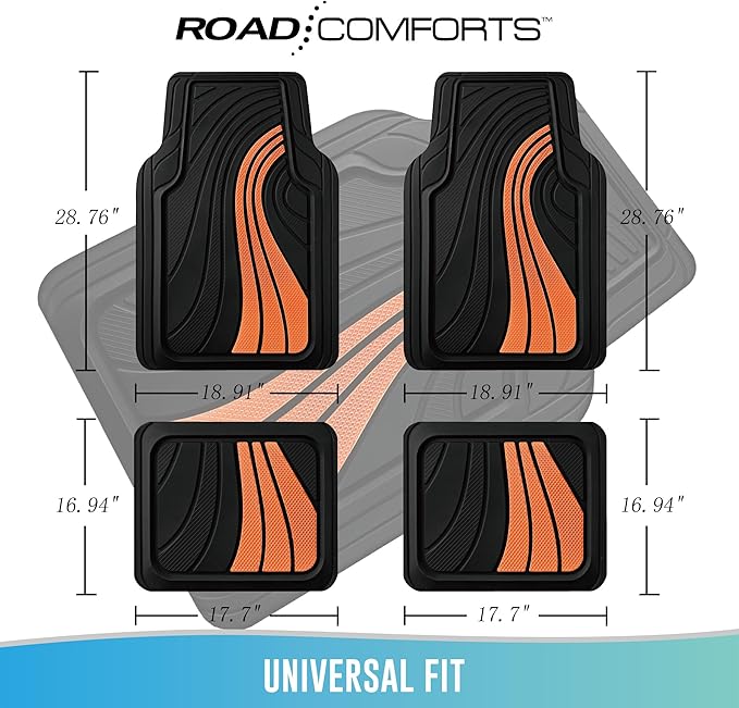 Road Comforts Car Floor Mats Full Set – Front & Rear Car Floor Mats with Aluminum Design, Anti-Slip Backing, All-Weather Protection, Trim-to-Fit Car Mats for Most Sedans, SUVs & Vans - Orange
