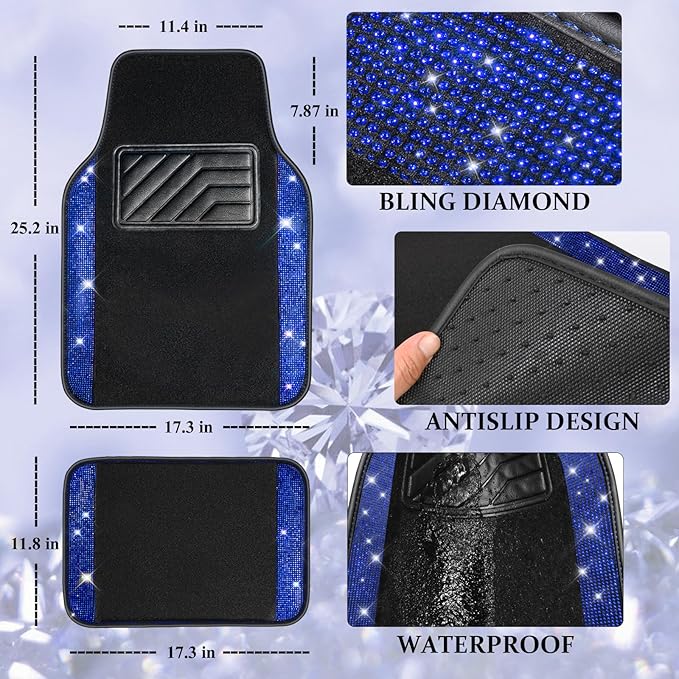 CAR PASS Bling Diamond Leather Steering Wheel Cover 14.5in-15in Floor Mats Shining Rhinestone Carpet Sparkly Glitter Crystal Anti-Slip Pad Fit Automotive SUV Pickup Truck Girl Women, 5pcs Black Blue