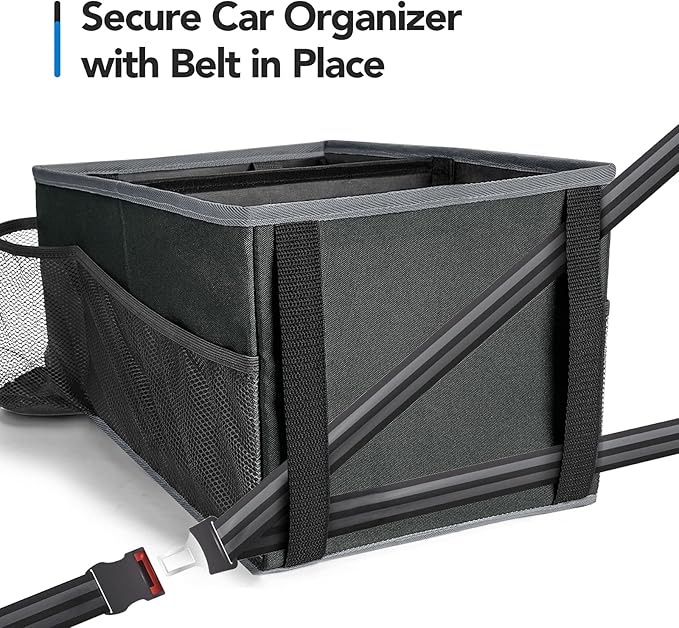 Car Back Seat Organizer - Road Trip Essentials Kids, Automotive Organization Car Accessories for Women Men Interior with Cup Holders, Tissue Box, Mesh Pockets, Grey