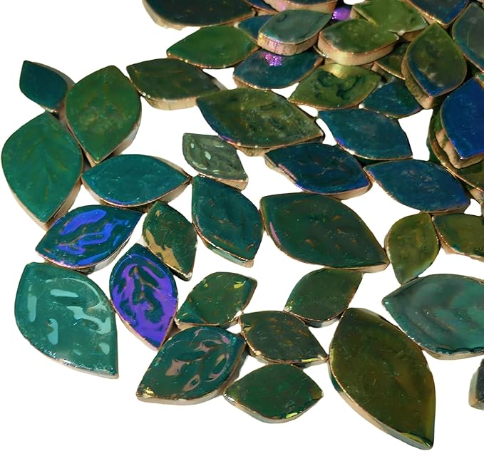 1.1LB Iridescent Leaves Ceramics Mosaic Tiles,Making Creative 3 Size Ceramic Mosaic Pieces for DIY Craft,Flowerpots,Vases,Cups,Garden Decor Mosaic Making Supplies (Peacock Green)