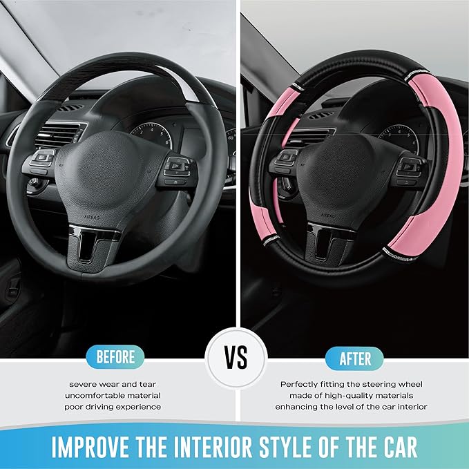 Road Comforts Leather Steering Wheel Cover - Made with PVC Leather - Anti-Slip, Universal Fit 14 1/2 inches to 15 inches - Pink