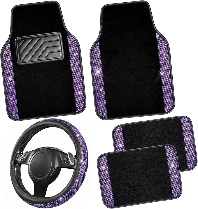 CAR PASS Bling Diamond Leather Steering Wheel Cover 14.5in-15in Floor Mats Shining Rhinestone Carpet Sparkly Glitter Crystal Anti-Slip Pad Fit Automotive SUV Pickup Truck Girl Women, 5pcs Black Purple