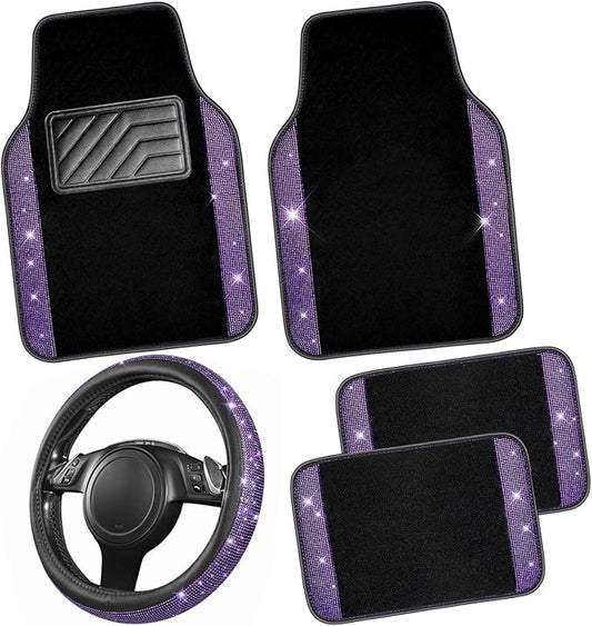 CAR PASS Bling Diamond Leather Steering Wheel Cover 14.5in-15in Floor Mats Shining Rhinestone Carpet Sparkly Glitter Crystal Anti-Slip Pad Fit Automotive SUV Pickup Truck Girl Women, 5pcs Black Purple