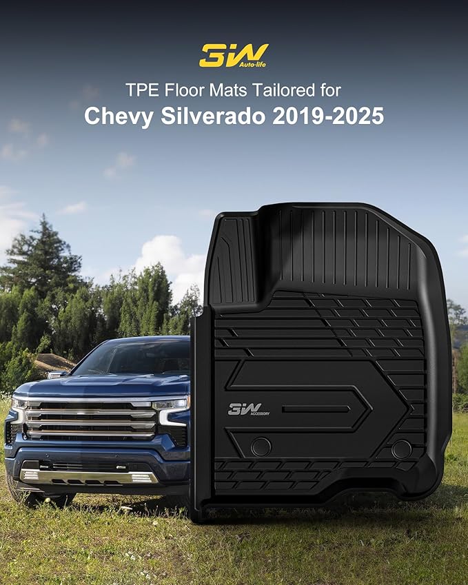 3W Floor Mats Fit for 2019-2024 2025 Chevy Silverado/GMC Sierra 1500 & 2020-2024 2025 Chevrolet Silverado/GMC Sierra 2500 HD/3500HD Crew Cab TPE All Weather Custom Fit, with Factory Carpeted Storage