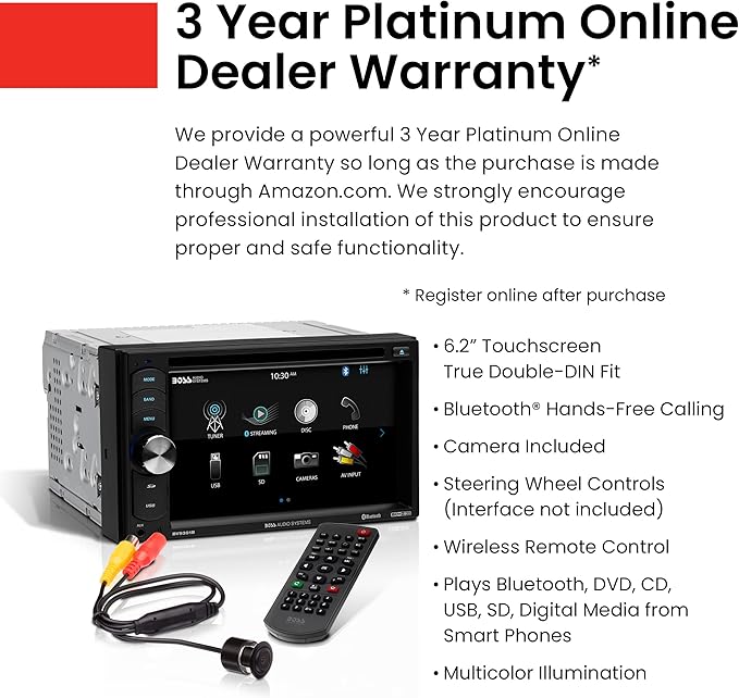 BOSS Audio Systems BVB9351RC Car Stereo System - 6.2 Inch Double Din, Touchscreen, Bluetooth Audio and Hands-Free Calling, AM/FM Radio Receiver, CD Player, Backup Camera