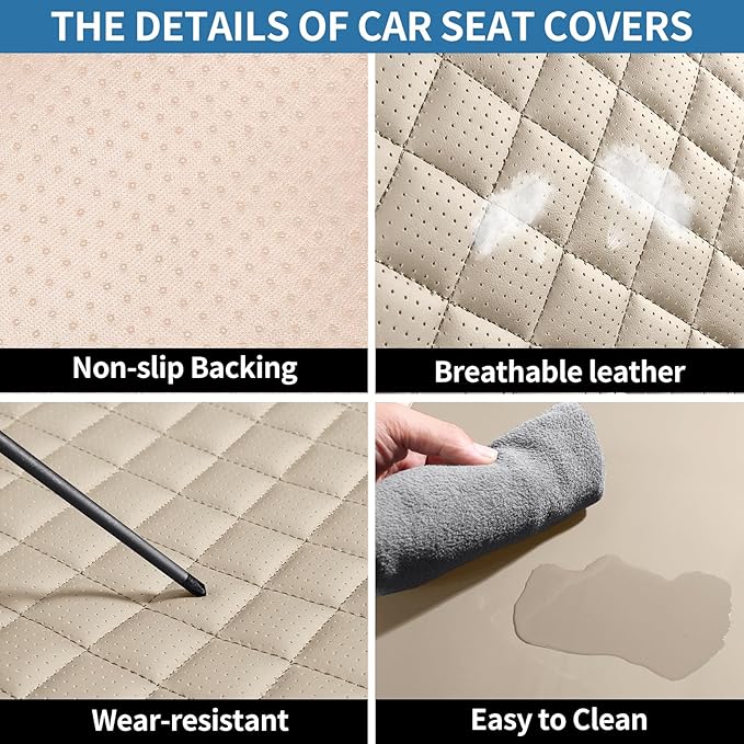 Leather Car Seat Covers Full Set Breathable Automotive Seat Covers Waterproof Seat Protectors Universal Fit for Most Automotive Cars SUV Trucks Van (Beige, Full Set)
