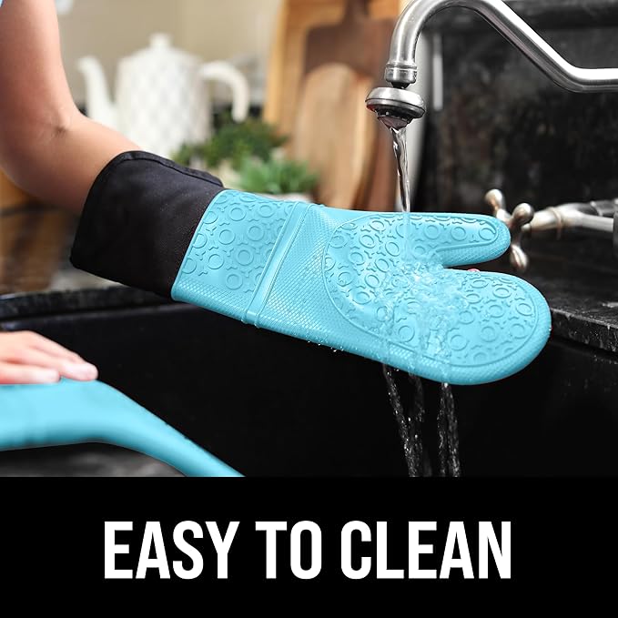 BPA-Free Soft Silicone Oven Mitts - Ultra Heat Resistant Oven Mitts with Thick Cotton Liner - Extra Long Slip Resistant Pot Holders, Flexible Oven Gloves - Aqua/Black 14.7"