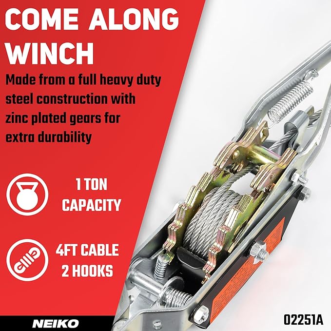 NEIKO 02251A Come Along Winch, 1-Ton (2,000 lbs) Pulling Capacity, 5.9Ft, 2 hook, Heavy Duty Power Cable Come Along Tool with Dual Gears, Hand Winch Cable, Automotive Hoist Winch Puller, Recovery Gear