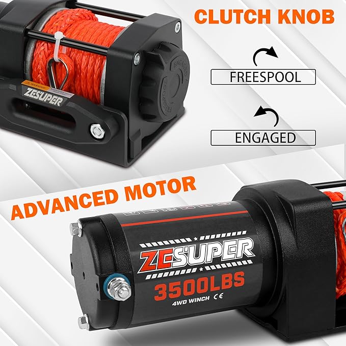 ZESUPER 3500 lb 12V DC Electric Winch 30 ft Synthetic Rope UTV ATV Boat Trailer Winches Off Road Waterproof Towing Winch Kits with Wireless Remote Mounting Plate