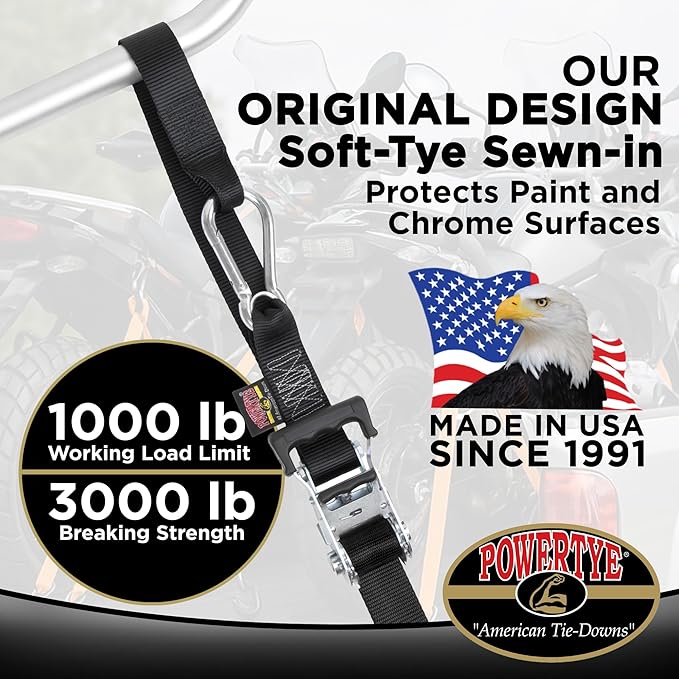 PowerTye 1.5 inch x 6.5ft Heavy Duty Ratchet Tie Down Straps with Carabiner Hooks & Sewn-in Soft-Tye, for Motorcycle, ATV, Trailer & Cargo - 1,000 lb WLL - Made in USA - Green/Black Pair