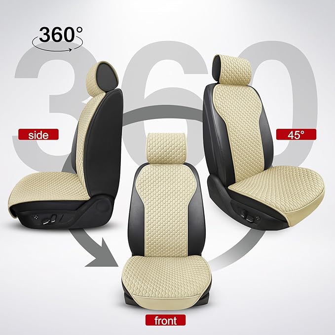 ENOGE 2 PCS Leather Car Seat Covers Front Seats Universal Sideless Seat Covers with Seat Belt Covers and Storage Pocket Waterproof Car Seat Protectors for Cars, SUV, Trucks (Beige)