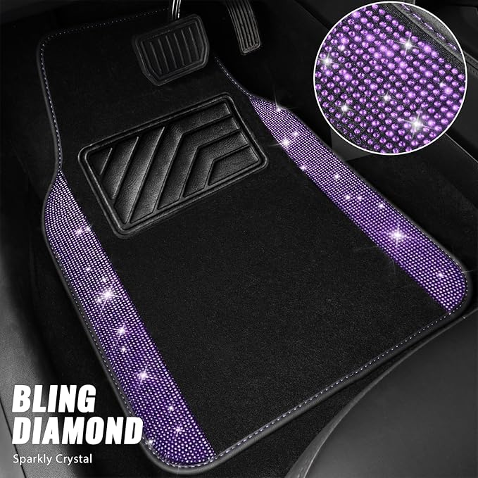 CAR PASS Bling Diamond Leather Steering Wheel Cover 14.5in-15in Floor Mats Shining Rhinestone Carpet Sparkly Glitter Crystal Anti-Slip Pad Fit Automotive SUV Pickup Truck Girl Women, 5pcs Black Purple