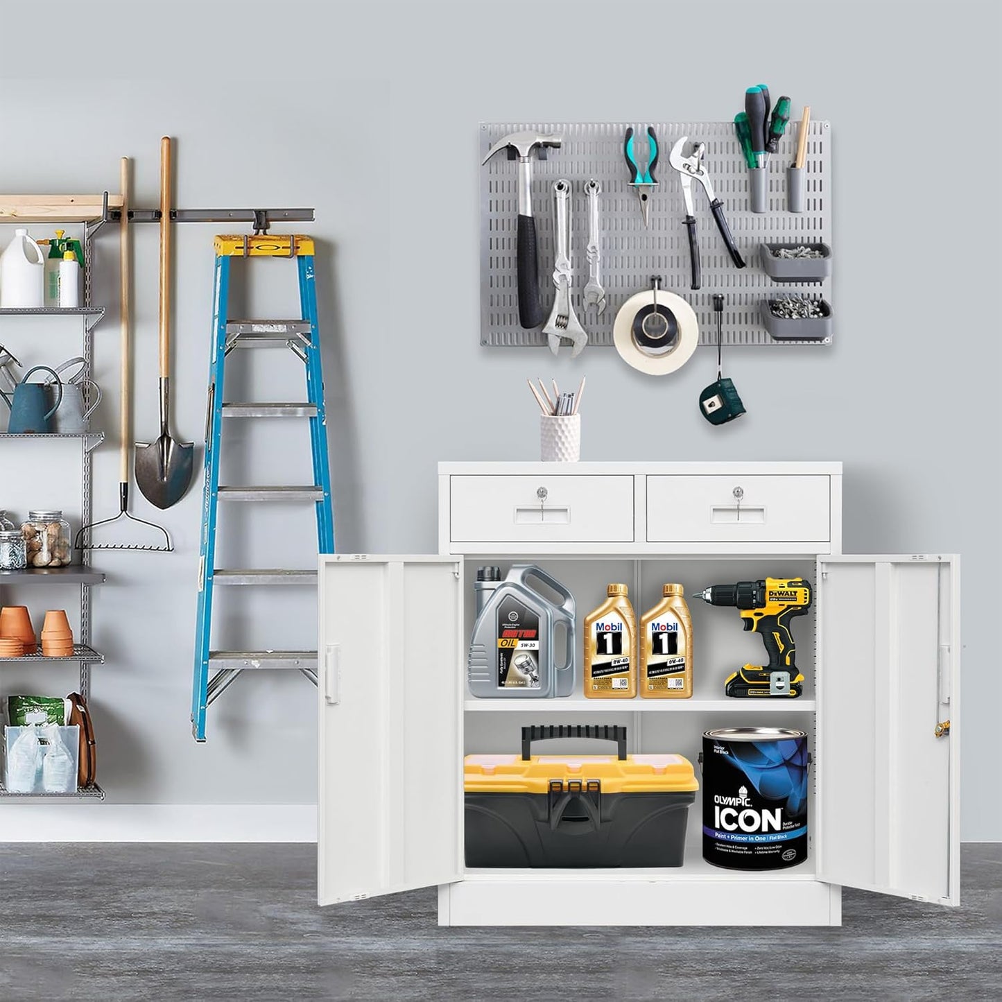 Metal Storage Cabinet, Locking Storage Cabinet with Adjustable Shelf, 36" H Metal Cabinets with Two Drawers for Office, Garage, Home-White