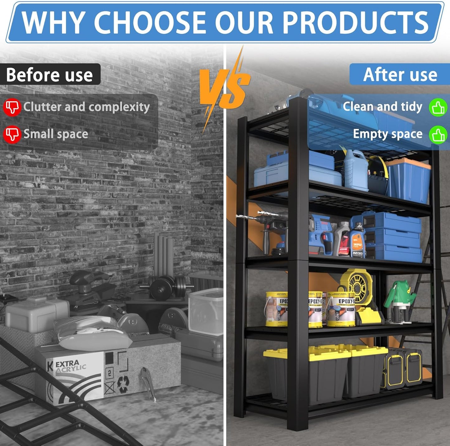 5-Tier Heavy Duty Garage Shelving Unit with Wire Shelves,3000 LBS Capacity Metal Storage Rack 72"H x 48"W x 20"D,Adjustable Boltless Steel Shelves for Garage,Basement,Pantry,Warehouse.2 Pack