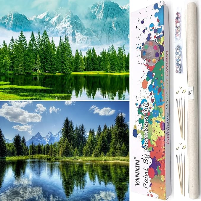 Paint by numbers Kit for adults beginners 2 pack paint by numbers kits for adults rolled up canvas for painting home decor creative wall art with colorful box 12x16 inch Landscape Lake(221-222)