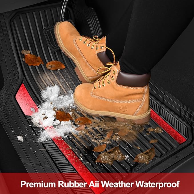 CAR PASS Heavy Duty Rubber Car Mats Metallic S~L Size, Aluminum Film All Weather Floor Mats Waterproof Universal Trim to Fit SUV Sedan Van Truck 4 Piece Deep Dish Two-Tone Sporty Black Red Chrome