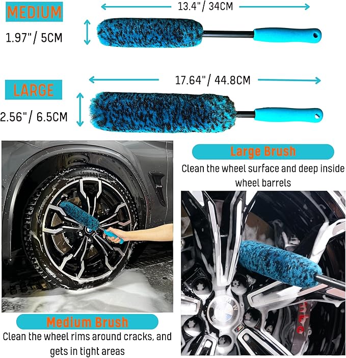 6PCS Car Wheel Cleaning Detailing Pro Kit, Tire Brush, 2 PCS Soft Woolies Rims Brush, Detailing Brush, and Tire Dressing Pads, Scratch-Free & Multipurpose Tire Brush
