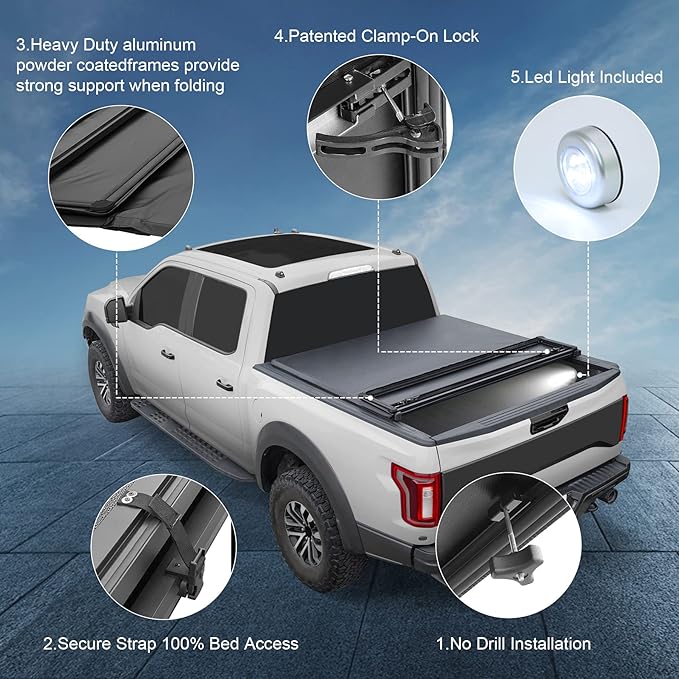 CARMOCAR Quad-Fold Soft Folding Truck Tonneau Cover Replacement for Ford F-150 2015-2024 Styleside Waterproof Tonneau Covers Top Mount Assembly LED Lamp 6'5" Bed