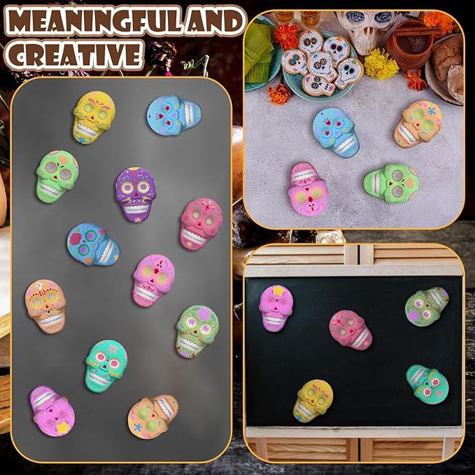 Simgoing 24 Sets Day of The Dead Sugar Skull Ceramic Painting Kit for Adults Dia De Los Muertos Decor Halloween Figurines Crafts Paint Your Own DIY Skull Figurines with 24 Magnet