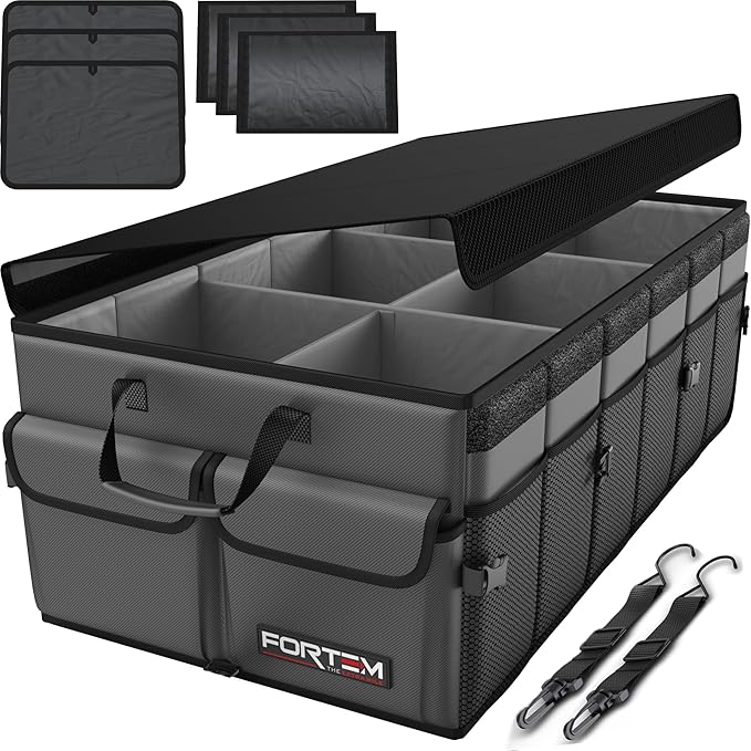 FORTEM Trunk Organizer For SUV Car Trunk Organizer, Foldable Storage, Car Accessories for Women Men, Collapsible Multi Compartment, 600D Oxford, Non Slip Bottom, Securing Straps, Soft Cover (85L)